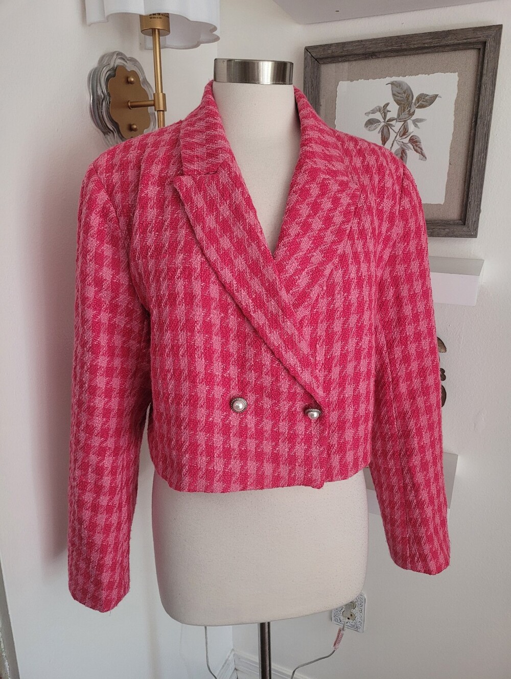 Barbie Pink Women's Houndstooth Cropped Blazer Jacket XL